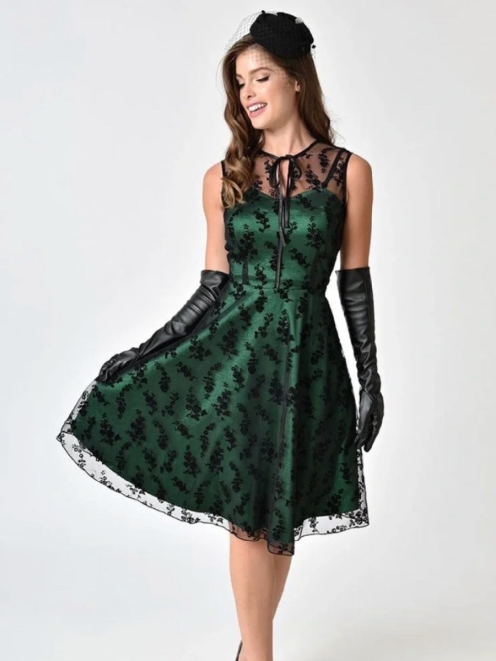 Voodoo Vixen Retro Emerald Green Black Lace Overlay Fit and Flare Dress